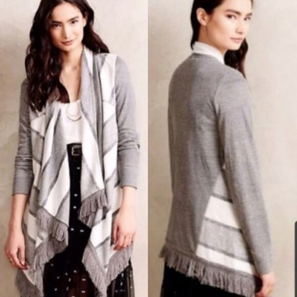 ANTHROPOLOGIE Saturday Sunday Elsie Gray Striped Open Fringe Blanket Cardigan - Picture 2 of 12